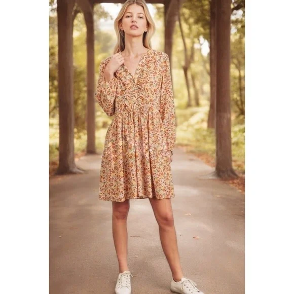 DRESS FORUM Yellow & Orange Ditzy Floral V Neck Mini Dress - Picture 2 of 8